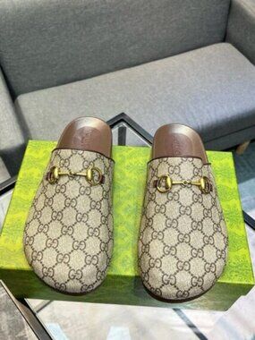 Gucci Beige Monogram Clogs - With Original Box